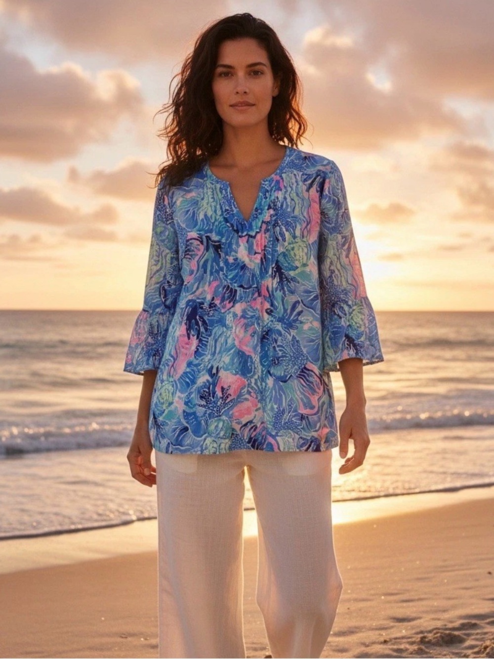 New Lilly Pulitzer Hollie 100% Linen Tunic Saltwater Blue Shade Seekers Top, L